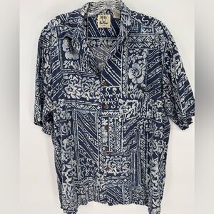 PAU HANA Men's Short Sleeve Button Down Floral Shirt Blue White Large